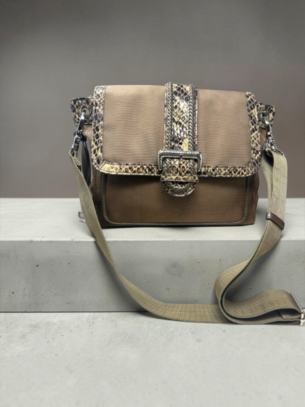 Brighton Portland Beige Canvas Reptile Embossed Leather Crossbody Bag